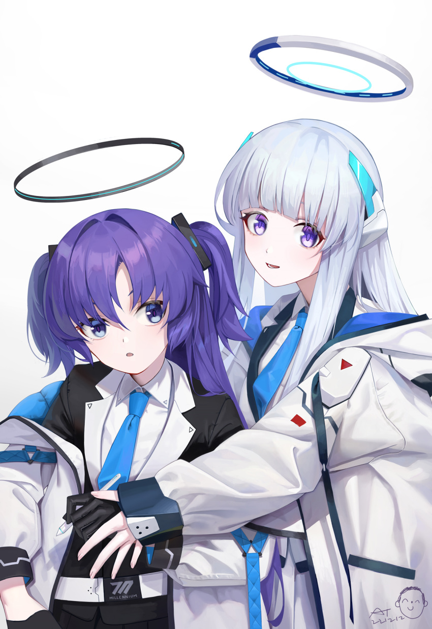 2girls arona's_sensei_doodle_(blue_archive) belt black_gloves black_vest blue_archive blue_eyes blue_hair blue_necktie blunt_bangs chinese_commentary coat collared_shirt commentary_request dated gloves halo highres holding holding_pen long_hair long_sleeves looking_ahead looking_at_viewer mechanical_halo multiple_girls necktie noa_(blue_archive) off_shoulder open_clothes open_coat open_mouth pen sensei_(blue_archive) shirt signature simple_background ttt_(5274293) two_side_up vest white_background white_belt white_coat white_hair white_shirt yuuka_(blue_archive)