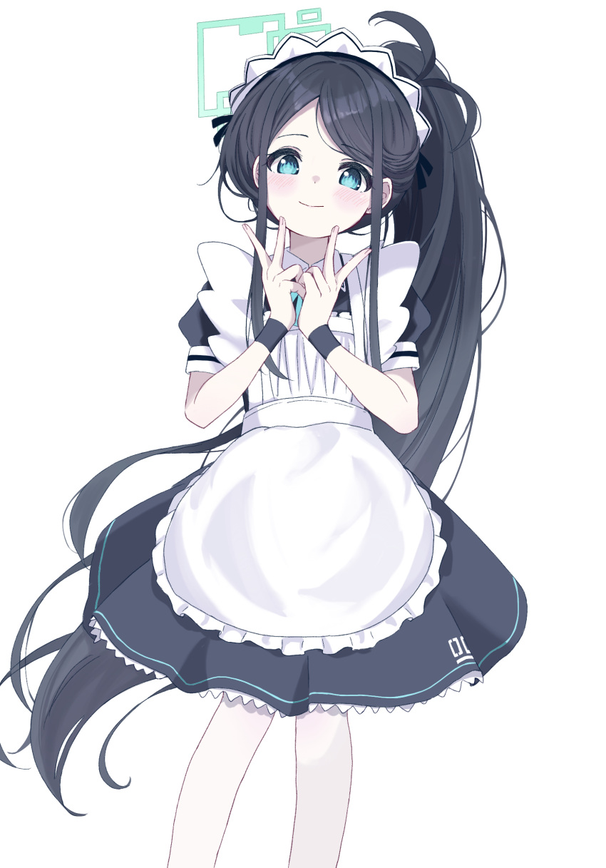 1girl apron aris_(blue_archive) aris_(maid)_(blue_archive) black_dress black_hair black_wristband blue_archive blush closed_mouth cowboy_shot cram960 double_v dress english_commentary feet_out_of_frame green_eyes green_halo halo hands_up highres long_hair looking_at_viewer maid maid_apron maid_headdress official_alternate_costume pantyhose ponytail puffy_short_sleeves puffy_sleeves short_sleeves simple_background smile solo standing v very_long_hair white_apron white_background white_pantyhose