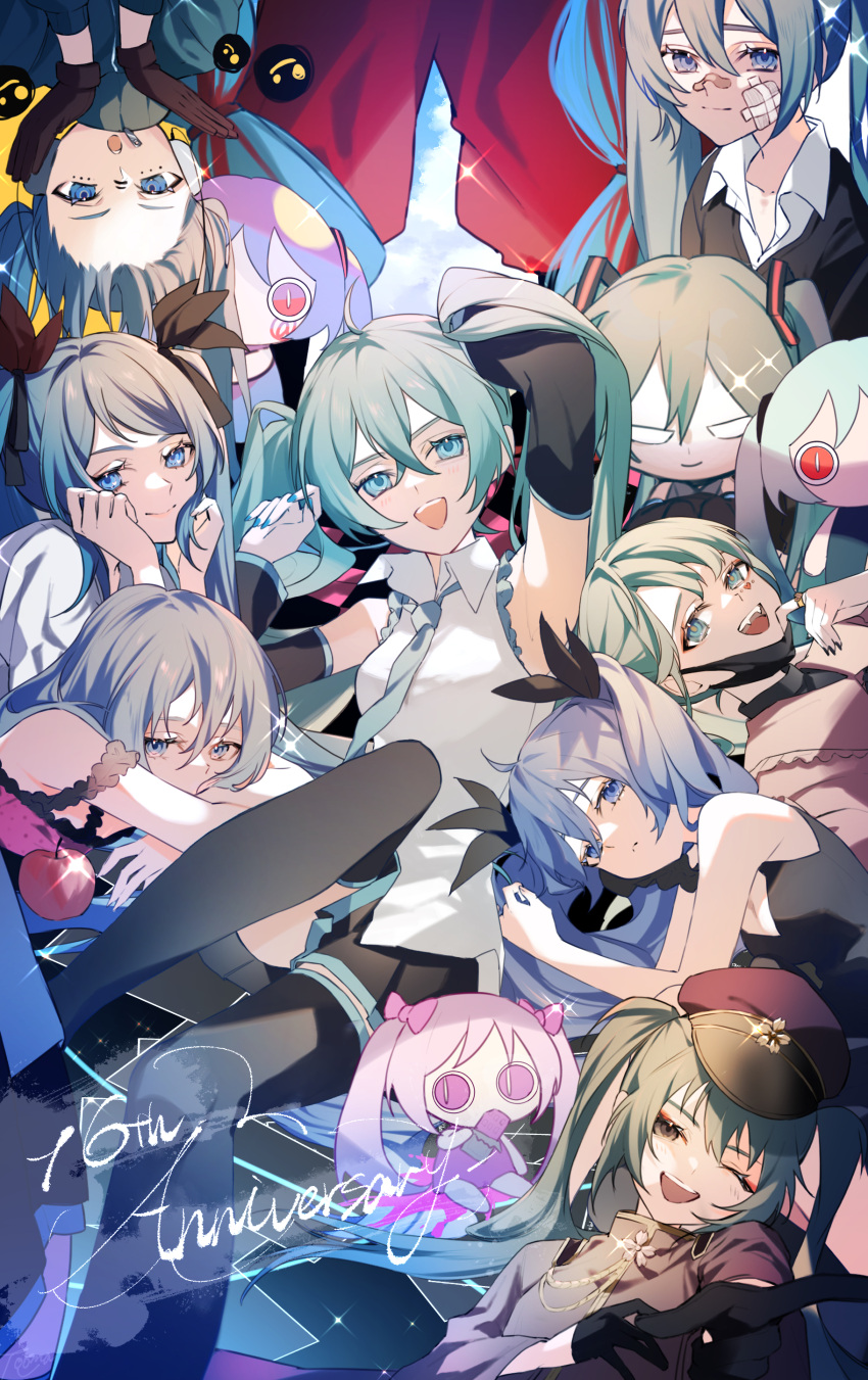 6+girls :d :o :| absurdres aimaina anniversary apple aqua_eyes aqua_hair bandaid bandaid_on_face bandaid_on_nose bare_shoulders black_bow black_dress black_gloves black_skirt black_sweater black_thighhighs blue_eyes blue_hair blue_jacket blue_necktie bow closed_mouth collared_jacket collared_shirt covered_mouth doushite-chan dress expressionless food forehead fruit gauze_on_cheek gloves green_hair grey_eyes hair_bow hands_on_own_cheeks hands_on_own_face hands_up hat hatsune_miku highres jacket knee_up long_hair looking_at_viewer lying matryoshka_(vocaloid) military_hat military_uniform multiple_girls multiple_persona necktie nightgown off-shoulder_dress off_shoulder on_side on_stomach peaked_cap pink_nightgown pink_shirt pleated_skirt purple_headwear red_apple rolling_girl_(vocaloid) romeo_to_cinderella_(vocaloid) school_uniform senbonzakura_(vocaloid) shinkai_shoujo_(vocaloid) shirt skirt sleeveless sleeveless_dress sleeveless_shirt smile sweater teeth thigh-highs twintails un_known9999 uniform upper_teeth_only upside-down v-neck vampire_(vocaloid) very_long_hair vocaloid white_dress white_shirt world_is_mine_(vocaloid)