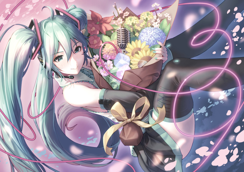 1girl aqua_eyes aqua_hair aqua_necktie black_skirt black_sleeves black_thighhighs blouse bouquet closed_mouth collared_shirt commentary_request detached_sleeves floating grey_shirt guitaristkaz hair_ornament hatsune_miku headset holding holding_bouquet lace-trimmed_collar lace-trimmed_shirt lace_trim long_hair looking_at_viewer microphone miniskirt necktie pleated_skirt shirt skirt sleeveless sleeveless_shirt smile solo thigh-highs twintails very_long_hair vocaloid zettai_ryouiki