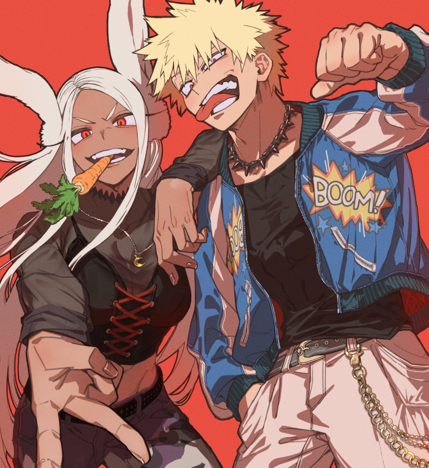 1boy 1girl animal_ears arm_on_shoulder bakugou_katsuki belt black_shirt blonde_hair blue_jacket boku_no_hero_academia breasts carrot choker crescent_necklace cross-laced_clothes cross-laced_top dark-skinned_female dark_skin fingernails food_in_mouth hair_between_eyes hand_in_pocket highres jacket jewelry kawaharaaisu large_breasts long_eyelashes long_hair looking_at_viewer mirko necklace pants parted_bangs rabbit_ears rabbit_girl red_background red_eyes see-through see-through_shirt shirt short_hair smile spiked_choker spikes spiky_hair teeth tongue tongue_out uneven_eyes v v-shaped_eyebrows very_long_hair white_hair