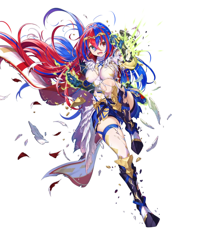 1girl alear_(female)_(fire_emblem) alear_(fire_emblem) armor armored_boots blue_eyes blue_hair boots braid breasts broken_armor cape elbow_pads fire_emblem fire_emblem_engage fire_emblem_heroes full_body gauntlets gloves glowing gold_trim heterochromia highres jewelry knee_boots kousei_horiguchi leg_up long_hair long_sleeves medium_breasts multicolored_hair non-web_source official_art open_mouth pale_skin pelvic_curtain puffy_sleeves red_eyes redhead scroll shorts skirt solo teeth thigh-highs thighs tiara torn_cape torn_clothes torn_gloves