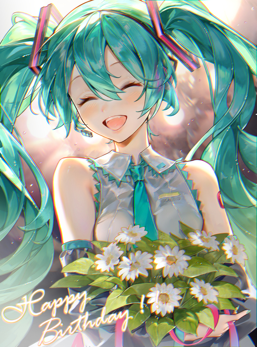 1girl absurdres aqua_nails arrrrrry1 backlighting bare_shoulders black_sleeves blurry blurry_background bouquet breasts chromatic_aberration closed_eyes collared_shirt commentary daisy detached_sleeves english_commentary eyelashes fabric facing_viewer fingernails flower green_hair green_necktie grey_shirt hair_between_eyes happy happy_birthday hatsune_miku head_tilt headset highres holding holding_bouquet laughing leaf lens_flare light_blush light_particles long_hair medium_breasts necktie open_mouth shirt sidelocks sleeveless sleeveless_shirt solo stage_lights teeth twintails upper_teeth_only very_long_hair vignetting vocaloid white_flower wide_sleeves