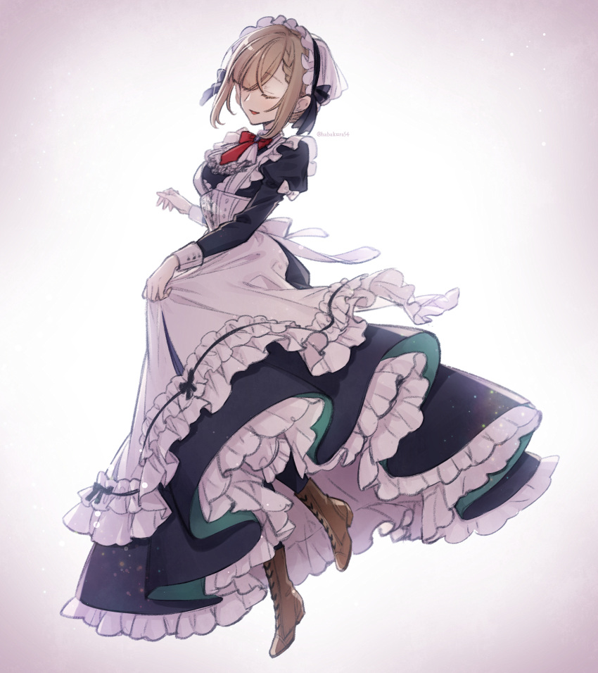 1girl absurdres apron artist_name black_bow black_dress boots bow bowtie breasts brown_footwear brown_hair character_request closed_eyes clothes_lift copyright_request dress dress_lift frills full_body goshi-san highres juliet_sleeves long_sleeves maid_headdress medium_breasts puffy_sleeves red_bow red_bowtie short_hair smile solo standing standing_on_one_leg white_apron white_background