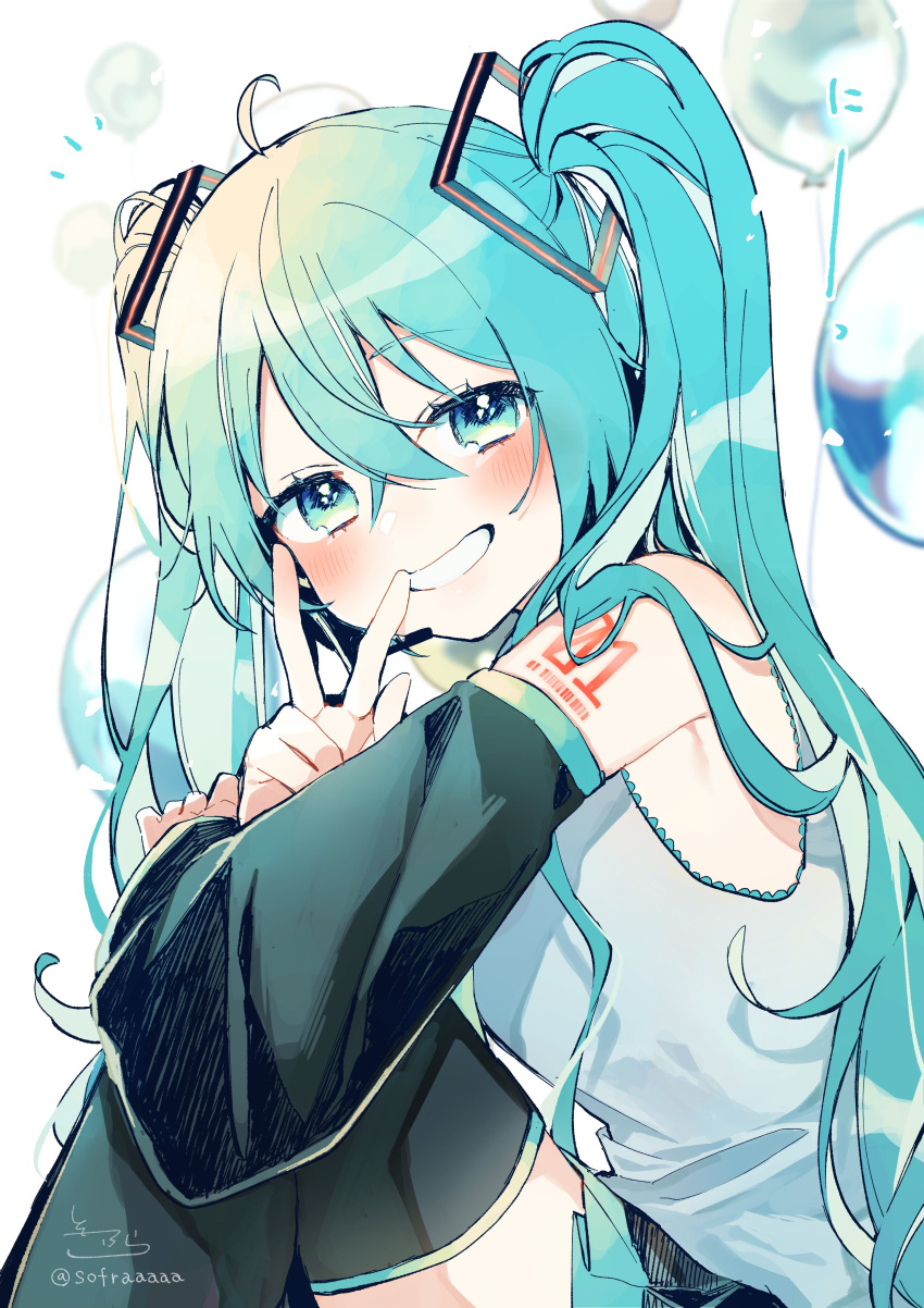 1girl absurdres ahoge balloon bare_shoulders black_skirt black_sleeves black_thighhighs blue_hair commentary_request detached_sleeves feet_out_of_frame from_side green_eyes grin hair_between_eyes hand_up hatsune_miku highres knees_up long_hair long_sleeves looking_at_viewer looking_to_the_side notice_lines pleated_skirt shirt signature simple_background sitting skirt sleeveless sleeveless_shirt smile sofra solo thigh-highs twintails twitter_username v very_long_hair vocaloid white_background white_shirt wide_sleeves