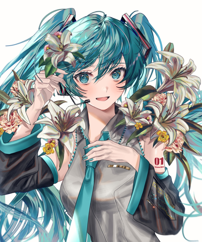 1girl absurdly_long_hair aqua_eyes aqua_hair aqua_nails aqua_necktie bare_shoulders black_sleeves breasts collared_shirt da_(50513604) daisy detached_sleeves eyelashes fingernails floating_hair flower grey_shirt hair_between_eyes hair_flower hair_ornament hands_up hatsune_miku headset highres leaf light_blush lily_(flower) long_hair necktie number_tattoo open_mouth pink_flower pink_rose rose shirt shoulder_tattoo sidelocks sideways_glance simple_background sleeveless sleeveless_shirt small_breasts solo tareme tattoo twintails upper_body very_long_hair vocaloid white_background white_flower wide_sleeves yellow_flower