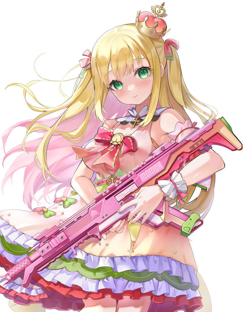 1girl absurdres arm_garter blonde_hair bow bowtie breasts character_name colored_inner_hair commission cross cross_in_eye crown dress frilled_dress frills green_bow green_eyes green_ribbon gun hair_ribbon heart highres holding holding_gun holding_weapon ikoi_momoa layered_dress mini_crown multicolored_hair pink_bow pink_bowtie pink_hair pink_ribbon piyokuma propro_production ribbon rifle skeb_commission sleeveless sleeveless_dress solo twintails two-tone_bow two-tone_ribbon weapon