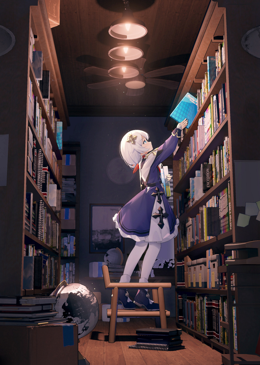 1girl absurdres black_footwear blue_dress blue_eyes book bookshelf dress full_body globe hair_ornament highres holding holding_book honkai_(series) honkai_impact_3rd indoors library long_hair long_sleeves revision side_ponytail solo standing theresa_apocalypse theresa_apocalypse_(valkyrie_pledge) thigh-highs white_thighhighs wood_cube