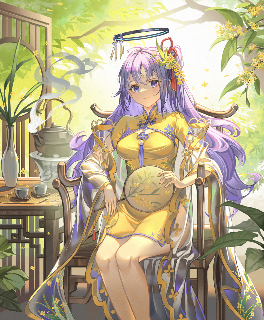 1girl al_guang alternate_costume alternate_hairstyle blue_archive chair china_dress chinese_clothes closed_mouth commentary_request cup dress feet_out_of_frame flower hair_flower hair_ornament hand_fan highres holding holding_fan long_hair looking_at_viewer outdoors paper_fan purple_hair see-through side_slit sitting solo table tassel teacup teapot tree uchiwa vase violet_eyes yellow_dress yellow_flower yuuka_(blue_archive)