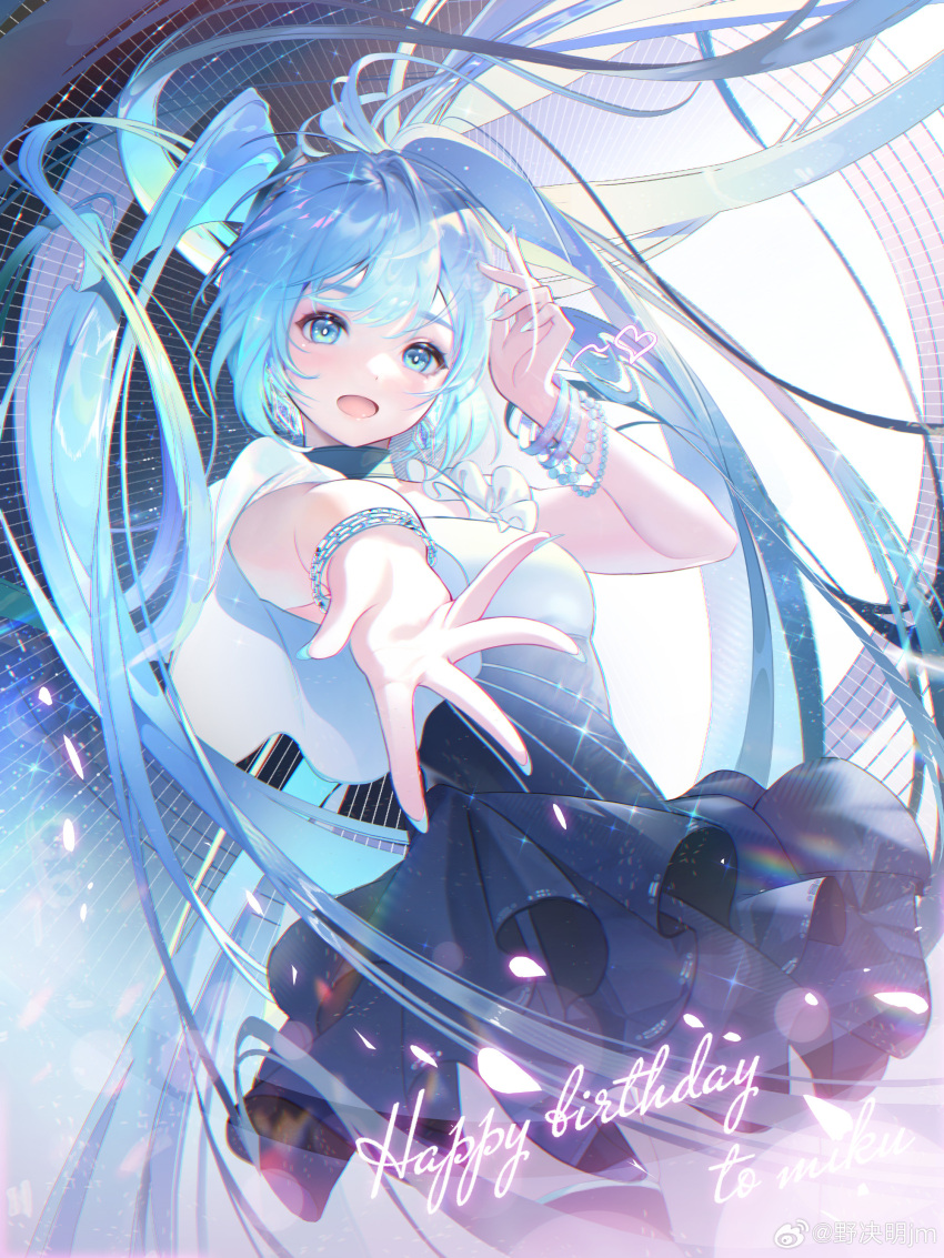 1girl absurdres aqua_nails black_dress blue_eyes blue_hair bracelet breasts commentary_request dress frilled_dress frills gradient_dress hand_up happy_birthday hatsune_miku highres jewelry jie_xiaoming long_hair looking_at_viewer looking_down open_mouth reaching reaching_towards_viewer small_breasts smile solo standing twintails very_long_hair vocaloid white_dress