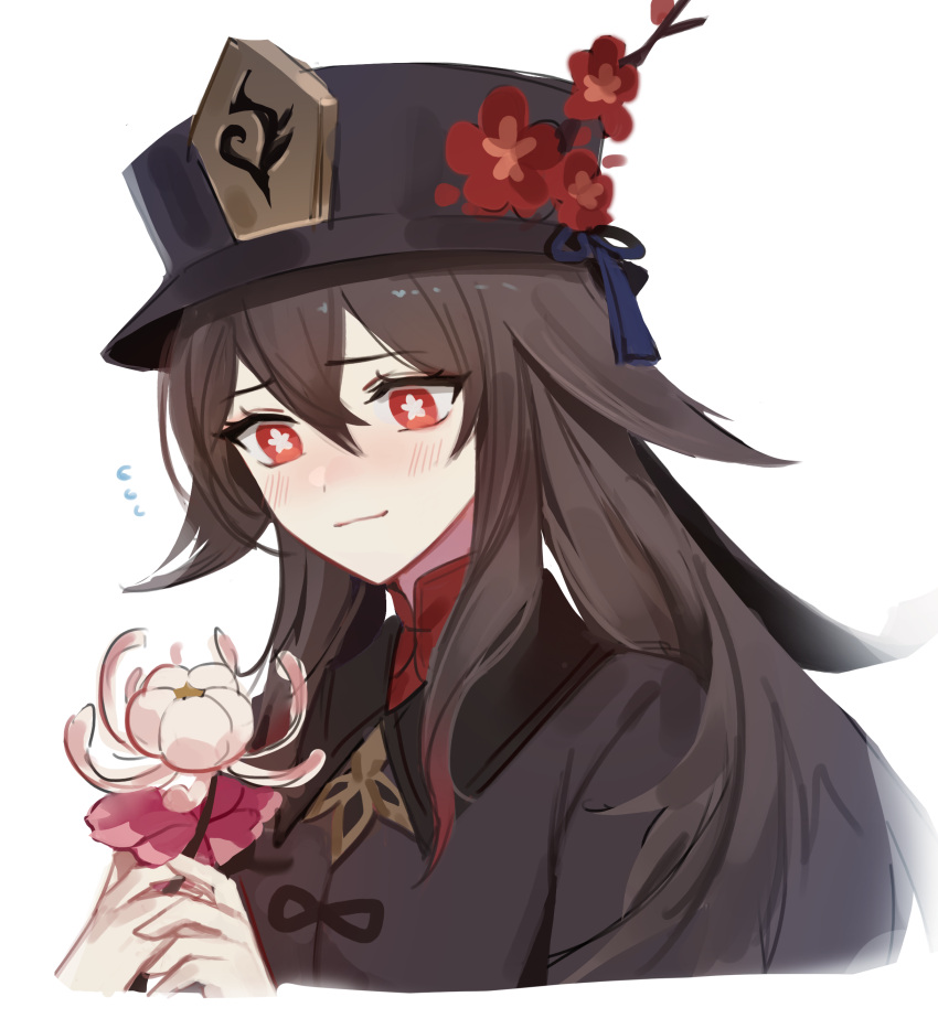 0jae 1girl absurdres bad_id bad_pixiv_id bright_pupils brown_coat brown_hair brown_headwear closed_mouth coat cropped_torso flower flower-shaped_pupils flying_sweatdrops genshin_impact hair_between_eyes hair_flaps hat hat_flower hat_tassel highres holding holding_flower hu_tao_(genshin_impact) light_blush long_hair mandarin_collar red_eyes simple_background sketch solo spider_lily symbol-shaped_pupils twintails white_background white_pupils