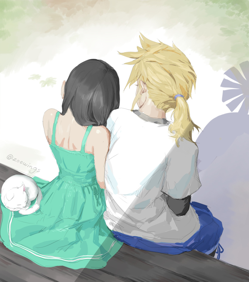 1boy 1girl aged_down animal aqua_dress bare_shoulders black_hair black_undershirt blonde_hair blue_shorts cat cloud_strife commentary couple dress english_commentary final_fantasy final_fantasy_vii final_fantasy_vii_remake from_above from_behind head_on_another's_shoulder highres long_hair looking_at_another low_ponytail maru_(ff7) outdoors shadow shirt shorts sitting sleeping sleeveless sleeveless_dress spiky_hair sundress sunlight tifa_lockhart twitter_username water_tank water_tower white_cat white_shirt zoewingsz