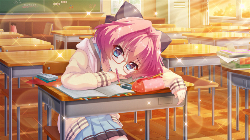1girl arm_rest blue_eyes blue_skirt book book_stack bookmark bow cardigan chalkboard classroom desk dot_nose eraser evening film_grain floral_print game_cg glasses hair_bow hair_intakes head_rest hiiragi_kae indoors izumi_tsubasu large_bow lens_flare locker long_sleeves looking_at_viewer mouth_hold non-web_source notebook official_art on_chair open_book open_cardigan open_clothes pen pencil pencil_case pink-framed_eyewear pink_bag pink_hair print_bag purple_bow re:stage! school school_desk school_uniform short_hair sitting skirt solo sparkle studying sunlight window wooden_desk wooden_floor