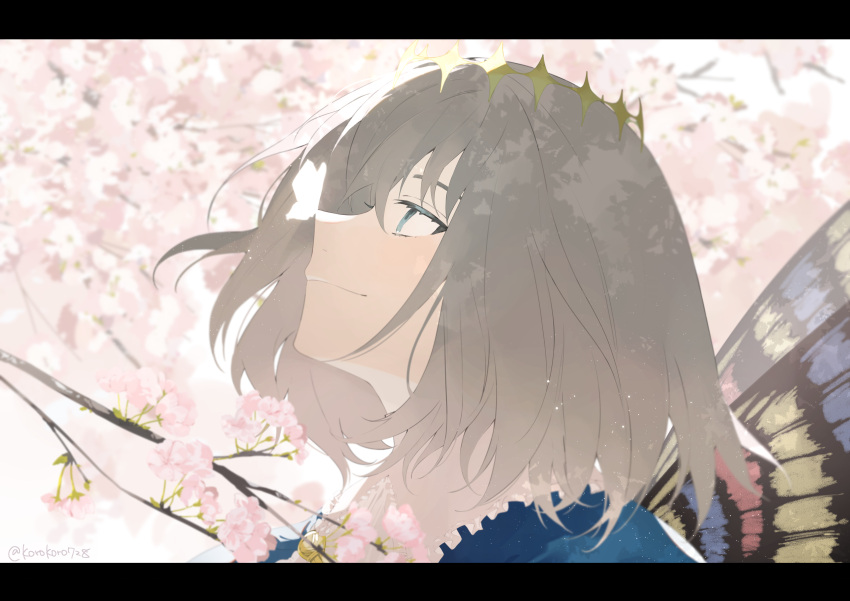 1boy absurdres blue_eyes branch bug butterfly butterfly_on_nose butterfly_wings cherry_blossoms closed_mouth diamond_hairband eyelashes fate/grand_order fate_(series) flower grey_hair highres light_particles male_focus oberon_(fate) pink_flower romo827 short_hair solo spring_(season) upper_body white_butterfly wings