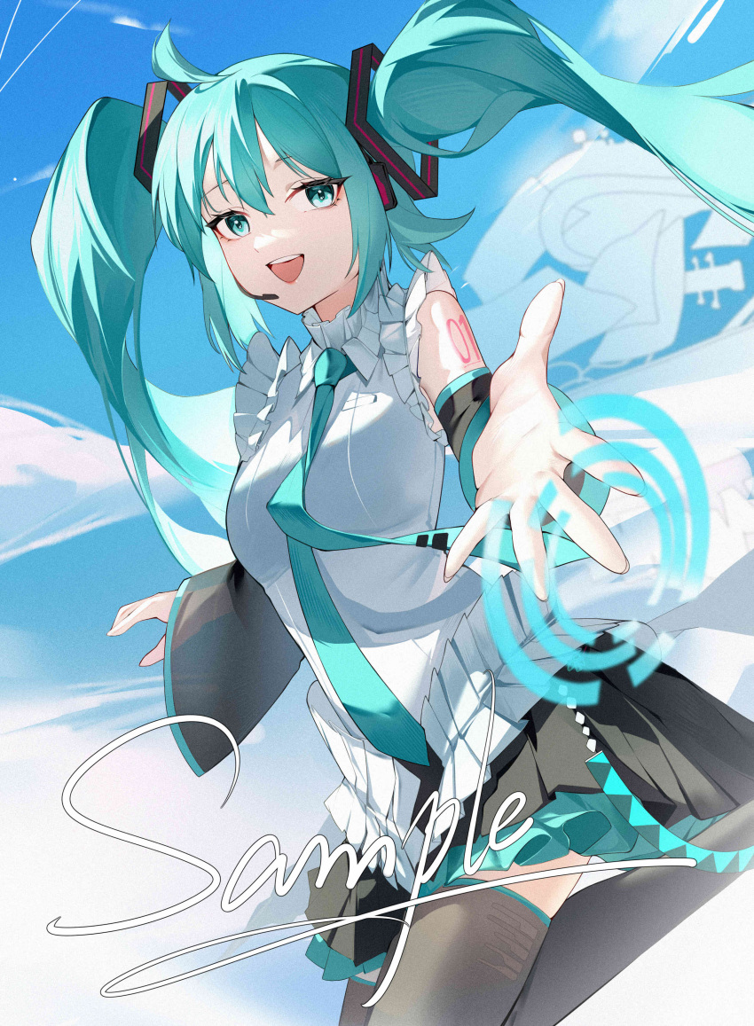 1girl :d absurdres black_skirt black_sleeves black_thighhighs blue_eyes blue_hair blue_necktie blue_sky breasts collared_shirt detached_sleeves feet_out_of_frame floating floating_hair frilled_shirt frills from_side hair_between_eyes hatsune_miku hatsune_miku_happy_16th_birthday_-dear_creators- headset highres katachi_noboru_nishikino long_sleeves looking_at_viewer medium_breasts microphone necktie number_tattoo open_hand open_mouth outstretched_arm pleated_skirt reaching reaching_towards_viewer sample_watermark shirt skirt sky sleeveless sleeveless_shirt smile solo tattoo teeth thigh-highs tie_clip twintails upper_teeth_only vocaloid white_shirt