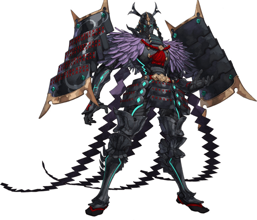 1other ambiguous_gender armor armored_boots black_armor boots fate/samurai_remnant fate_(series) feather_trim full_armor full_body gauntlets helmet japanese_armor kabuto_(helmet) looking_at_viewer official_art rider_(fate/samurai_remnant) shoulder_armor solo transparent_background wataru_rei