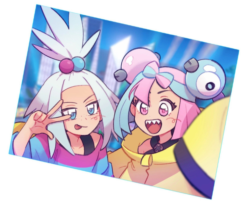 2girls :d border bow-shaped_hair character_hair_ornament closed_mouth commentary eyelashes freckles green_hair hair_bobbles hair_ornament hand_up happy highres iono_(pokemon) jacket multicolored_hair multiple_girls open_mouth pink_eyes pink_hair pokemon pokemon_(game) pokemon_bw2 pokemon_sv roxie_(pokemon) shirt smile striped striped_shirt submashell teeth tongue tongue_out topknot two-tone_hair upper_teeth_only w white_border yellow_jacket