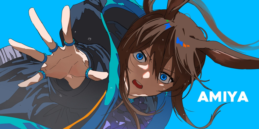 1girl amiya_(arknights) animal_ears arknights ascot blue_background blue_collar blue_eyes brown_hair character_name collar frilled_ascot frills hair_between_eyes highres hood hood_down hooded_jacket jacket jewelry kamiki19 long_hair looking_at_viewer multiple_rings neck_ring open_clothes open_jacket open_mouth outstretched_arm ponytail purple_ascot rabbit_ears rabbit_girl reaching reaching_towards_viewer ring sidelocks simple_background solo teeth thumb_ring upper_body upper_teeth_only