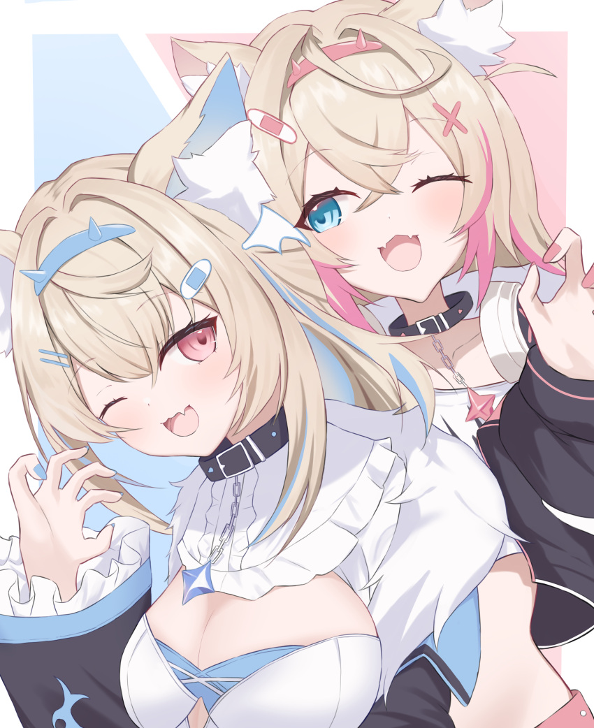 2girls :3 :d absurdres animal_ears aonagi_hisame belt_collar black_collar black_jacket blonde_hair blue_eyes collar cropped_jacket cropped_shirt dog_ears dog_girl dress fangs fur-trimmed_jacket fur_trim fuwawa_abyssgard hair_ornament hairpin highres hololive hololive_english jacket looking_at_viewer mococo_abyssgard multicolored_hair multiple_girls one_eye_closed open_mouth pink_eyes pink_hair short_shorts shorts siblings sisters skin_fangs smile spiked_collar spikes streaked_hair twins virtual_youtuber white_dress x_hair_ornament