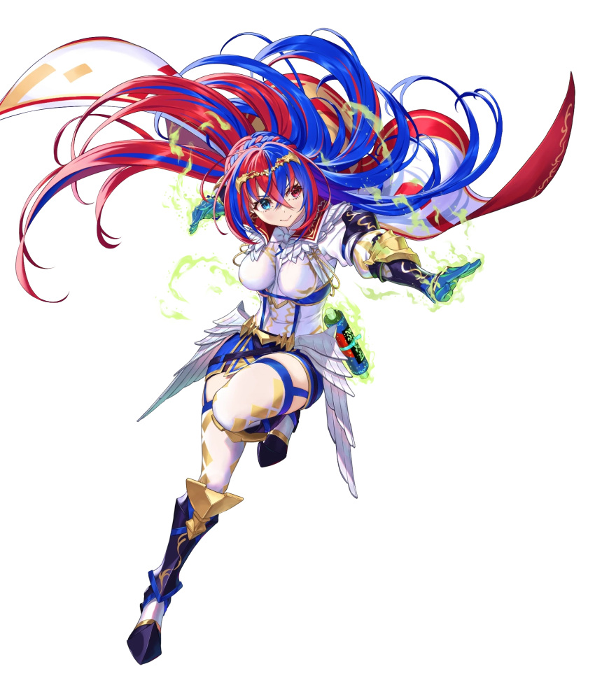 1girl alear_(female)_(fire_emblem) alear_(fire_emblem) armor armored_boots blue_eyes blue_hair boots braid breasts cape closed_mouth fire_emblem fire_emblem_engage fire_emblem_heroes full_body gauntlets gloves glowing gold_trim heterochromia highres jewelry knee_boots kousei_horiguchi leg_up lips long_hair long_sleeves medium_breasts multicolored_hair non-web_source official_art pale_skin pelvic_curtain puffy_sleeves red_eyes redhead scroll skirt smile solo thigh-highs tiara