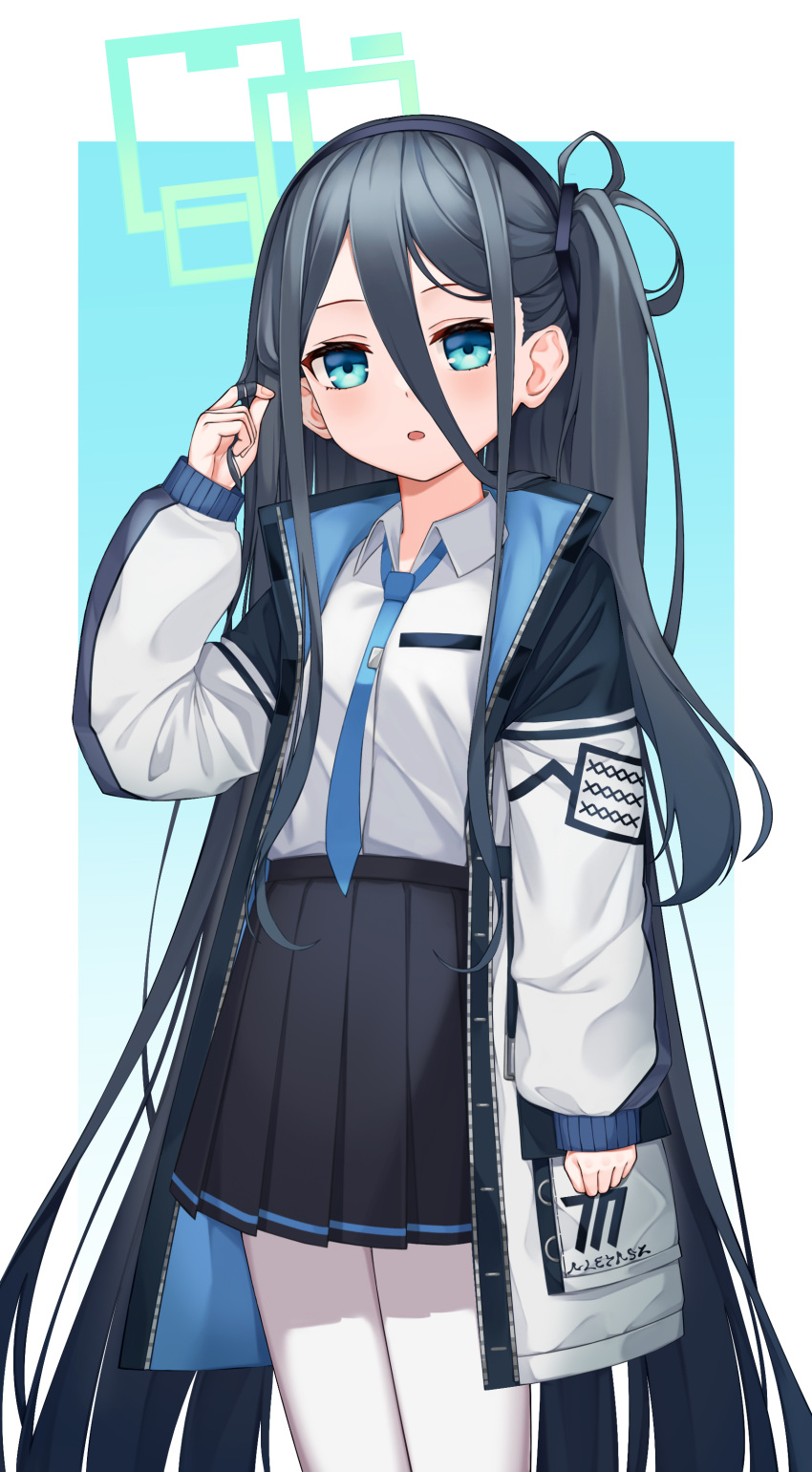 1girl absurdly_long_hair absurdres aris_(blue_archive) black_hair black_skirt blue_archive blue_necktie blush coat collared_shirt commentary_request feet_out_of_frame green_eyes green_halo hair_between_eyes halo hand_up highres larg_(shgv2552) long_bangs long_hair long_sleeves looking_at_viewer necktie open_clothes open_coat open_mouth playing_with_own_hair pleated_skirt shirt shirt_tucked_in side_ponytail simple_background skirt solo standing very_long_hair white_coat white_shirt