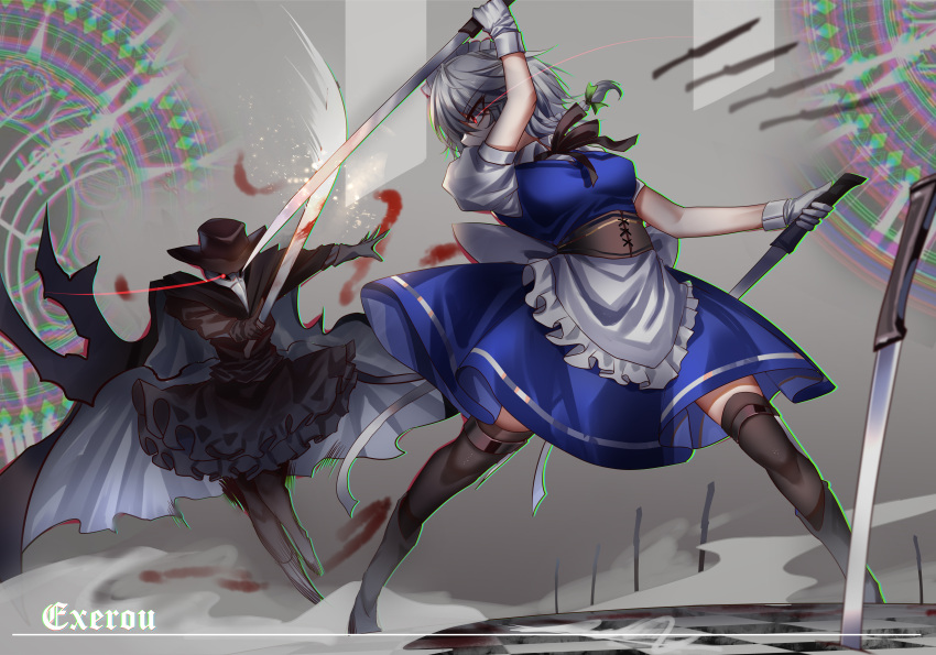 1boy 1girl absurdres black_cape black_headwear black_thighhighs blue_dress cape dress gloves glowing glowing_eye grey_hair highres holding holding_knife izayoi_sakuya jack_the_ripper knife maid plague_doctor_mask red_eyes short_sleeves signature standing thigh-highs top-exerou touhou