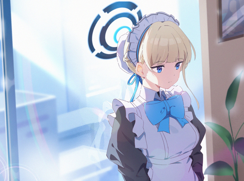 1girl apron black_dress blue_archive blue_bow blue_bowtie blue_eyes blue_halo blue_ribbon blunt_bangs bow bowtie braid bun_cover closed_mouth collared_dress commentary_request dress elise_(wdsm2344) french_braid hair_ribbon halo highres indoors long_hair long_sleeves looking_afar maid_apron maid_headdress puffy_long_sleeves puffy_sleeves reflection ribbon short_hair solo toki_(blue_archive) upper_body white_apron window