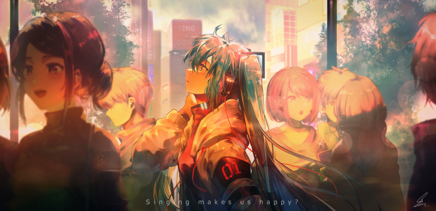 2boys 2others 4girls black_shirt blue_hair breasts building commentary_request day english_text hair_between_eyes hatsune_miku headphones hood hood_down hooded_jacket jacket long_hair multiple_boys multiple_girls multiple_others open_clothes open_jacket outdoors parted_lips profile red_shirt saihate_(d3) shirt small_breasts solo_focus twintails upper_body vocaloid white_jacket