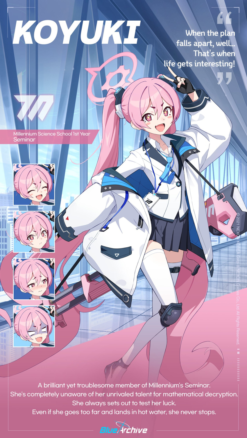 +_+ absurdres blue_archive blue_necktie blush_stickers coat coat_partially_removed english_text fang halo highres id_card jacket koyuki_(blue_archive) m60 necktie official_art pink_eyes pink_hair pink_halo skin_fang suit twintails two-sided_fabric two-sided_jacket white_coat white_jacket white_suit