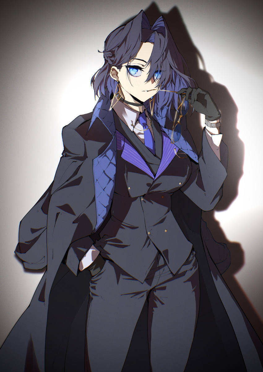 1girl absurdres arm_up black_gloves black_jacket black_pants black_suit blue_eyes blue_hair blue_necktie braid breasts buttons choker coat coat_on_shoulders collar_chain_(jewelry) collared_shirt cowboy_shot double-breasted dress_shirt ear_piercing earrings eyewear_removed glasses gloves hair_intakes hair_over_one_eye hand_in_pocket highres holding holding_removed_eyewear hololive hololive_english jacket jewelry jon_eve large_breasts long_sleeves looking_at_viewer mafia_(vocaloid) multicolored_hair necktie official_alternate_costume open_clothes ouro_kronii overcoat pant_suit pants piercing shirt short_hair single_braid solo suit suit_jacket toasting_(gesture) two-sided_fabric virtual_youtuber waistcoat watch watch