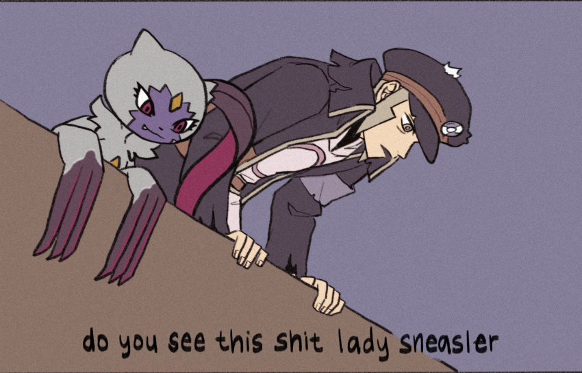 1boy bent_over black_coat black_headwear coat commentary do_you_see_this_shit?_(meme) english_text grey_eyes grey_hair hat high_collar highres ingo_(pokemon) long_sideburns looking_down male_focus meme open_mouth peaked_cap pearl_clan_outfit pokemon pokemon_(creature) pokemon_(game) pokemon_legends:_arceus short_hair sideburns sneasler submashell subtitled torn_clothes torn_coat trench_coat