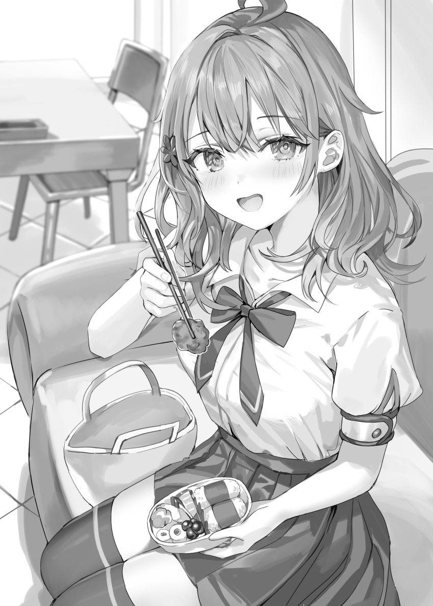 1girl :d absurdres ahoge armband bento blush bow bowtie breasts chopsticks collared_shirt couch food hair_between_eyes hair_ornament highres holding holding_bento holding_chopsticks indoors looking_at_viewer mariya_mikhailovna_kujou medium_breasts medium_hair momoko_(momopoco) monochrome novel_illustration official_art on_couch open_mouth pleated_skirt school_uniform shirt short_sleeves sitting skirt smile solo thigh-highs tokidoki_bosotto_roshia-go_de_dereru_tonari_no_arya-san