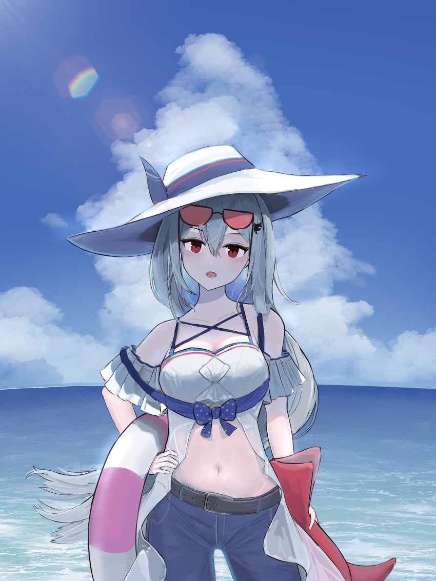1girl absurdres arknights belt blue_shorts blue_sky breasts clouds commentary dakechacha eyewear_on_head grey_hair hand_on_own_hip hat head_tilt highres holding holding_innertube inflatable_orca inflatable_toy innertube large_breasts lens_flare long_hair looking_at_viewer midriff ocean off_shoulder official_alternate_costume open_mouth orange-tinted_eyewear orca_hair_ornament outdoors shirt shorts skadi_(arknights) skadi_(waverider)_(arknights) sky solo sun_hat sunglasses tinted_eyewear white_headwear white_shirt