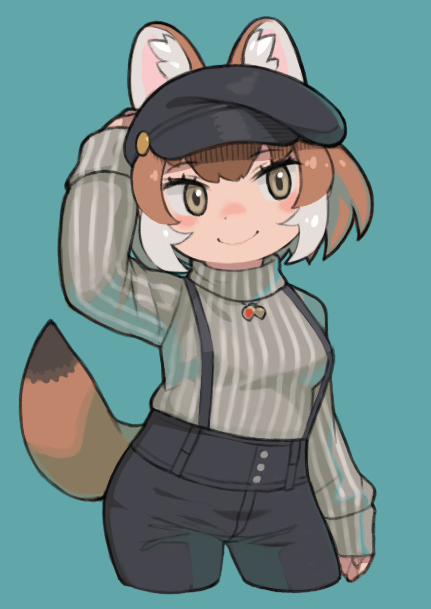 1girl animal_ears brown_eyes brown_hair cropped_legs dhole_(kemono_friends) extra_ears green_background hat highres jewelry kemono_friends looking_at_viewer multicolored_hair necklace pants rinx shirt short_hair simple_background solo suspenders tail two-tone_hair white_hair wolf_ears wolf_girl wolf_tail