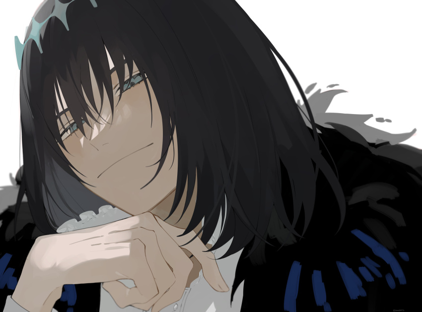 1boy absurdres black_cape black_hair buttons cape closed_mouth diamond_hairband dress_shirt fate/grand_order fate_(series) fingernails frilled_shirt_collar frills frown grey_eyes highres male_focus medium_hair oberon_(fate) oberon_(third_ascension)_(fate) romo827 shirt simple_background solo upper_body white_background white_shirt