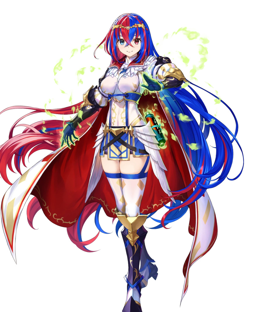 1girl alear_(female)_(fire_emblem) alear_(fire_emblem) armor armored_boots blue_eyes blue_hair boots breasts cape closed_mouth elbow_pads fire_emblem fire_emblem_engage fire_emblem_heroes full_body gauntlets gloves gold_trim hands_up heterochromia highres jewelry knee_boots kousei_horiguchi long_hair long_sleeves looking_at_viewer medium_breasts multicolored_hair non-web_source official_art pale_skin pelvic_curtain puffy_sleeves red_eyes redhead scroll skirt smile solo standing thigh-highs tiara zettai_ryouiki