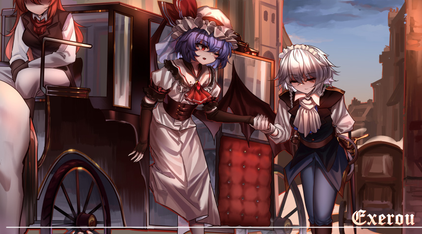 3girls absurdres ascot black_gloves black_jacket blue_pants braid closed_eyes commentary_request elbow_gloves fingerless_gloves gloves grey_hair hat hat_ribbon highres hong_meiling izayoi_sakuya jacket long_hair looking_at_another maid maid_headdress medium_hair mob_cap multiple_girls one_eye_closed outdoors pants purple_hair red_ascot red_eyes red_ribbon redhead remilia_scarlet ribbon shirt short_hair side_braids signature sky top-exerou touhou twin_braids white_ascot white_headwear white_shirt