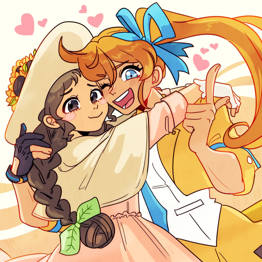 2girls ;d ace_attorney athena_cykes black_gloves blue_eyes blue_necktie blue_ribbon blush_stickers braid brown_eyes brown_hair capelet cropped_jacket dress fingerless_gloves flower gloves hair_bun hair_ornament hair_ribbon heart hug jacket juniper_woods lapel_pin lapels leaf_hair_ornament long_hair looking_at_viewer ministarfruit multiple_girls necktie one_eye_closed open_mouth orange_hair partially_fingerless_gloves phoenix_wright:_ace_attorney_-_dual_destinies pink_dress pocket pointing pointing_up ribbon shirt side_ponytail single_glove skirt sleeves_past_elbows smile sunflower twin_braids untucked_shirt upper_body very_long_hair wavy_mouth white_gloves white_shirt yellow_capelet yellow_flower yellow_jacket yellow_skirt yuri