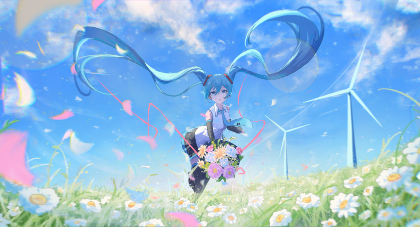 1girl :o absurdres aoi-_(yooseina) black_footwear black_skirt black_sleeves blue_eyes blue_hair blue_necktie blue_sky boots bouquet clouds cloudy_sky collared_shirt day detached_sleeves dot_nose falling_petals field floating_hair flower foot_up frilled_shirt frills grass hair_between_eyes hatsune_miku headset highres holding holding_bouquet landscape long_hair long_sleeves looking_at_viewer nature necktie open_mouth outdoors petals pink_flower pleated_skirt scenery shirt sidelocks skirt sky sleeveless sleeveless_shirt solo thigh_boots tie_clip very_long_hair vocaloid white_flower white_shirt wide_shot wind wind_turbine yellow_flower zettai_ryouiki