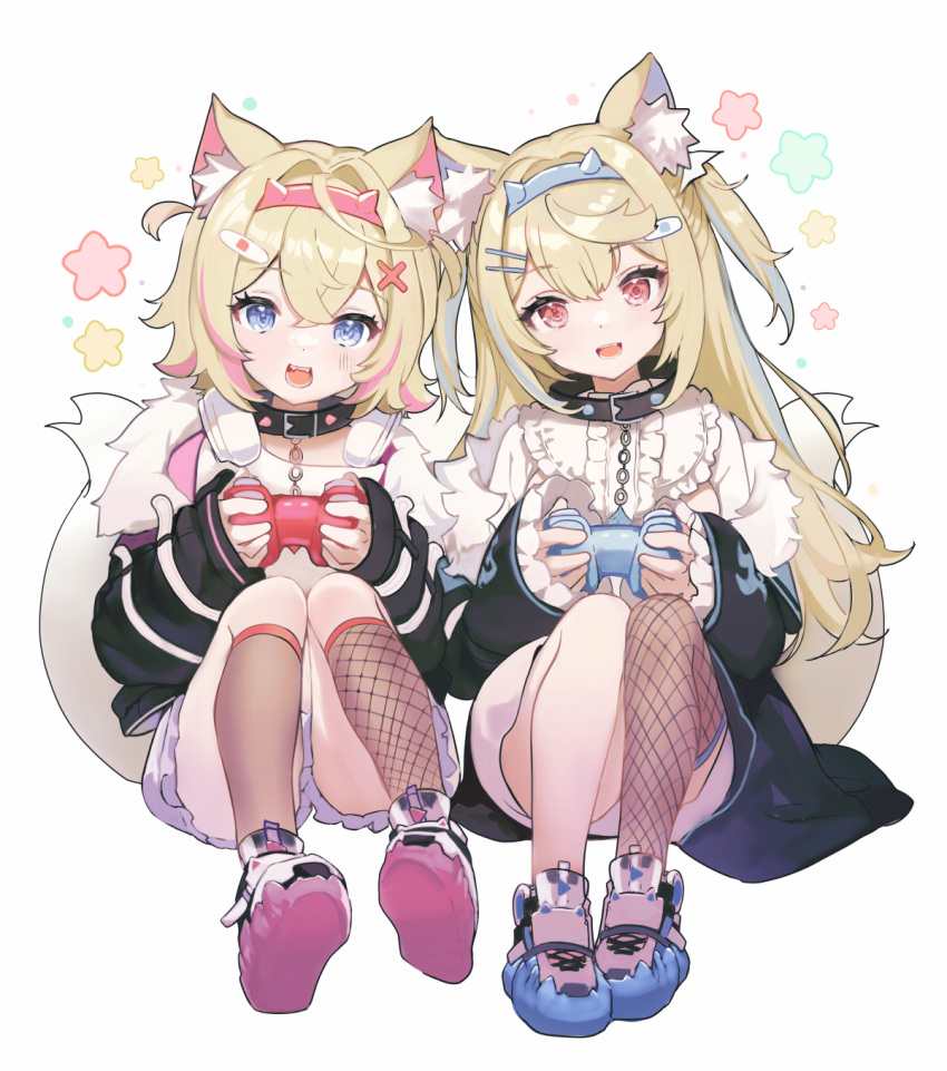2girls animal_ears asymmetrical_legwear blonde_hair blue_eyes collar controller dog_ears dog_tail fur_trim fuwawa_abyssgard game_controller hairband highres hololive hololive_english long_hair mismatched_legwear mococo_abyssgard multiple_girls pink_eyes shoes sibyl single_thighhigh sitting sneakers socks spiked_collar spikes tail thigh-highs virtual_youtuber white_background