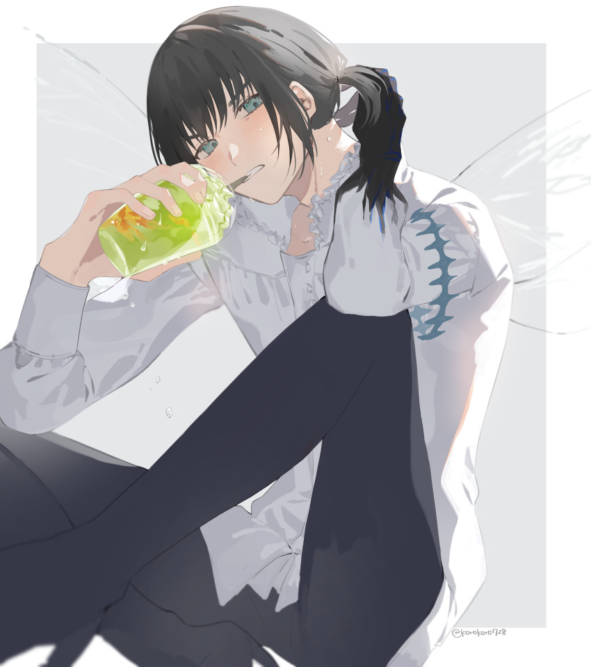 1boy absurdres black_hair claws cup dragonfly_wings dress_shirt drink drinking drinking_straw fate/grand_order fate_(series) frilled_shirt_collar frills grey_eyes highres holding holding_cup long_sleeves male_focus oberon_(fate) oberon_(third_ascension)_(fate) romo827 shirt sitting solo white_background white_shirt