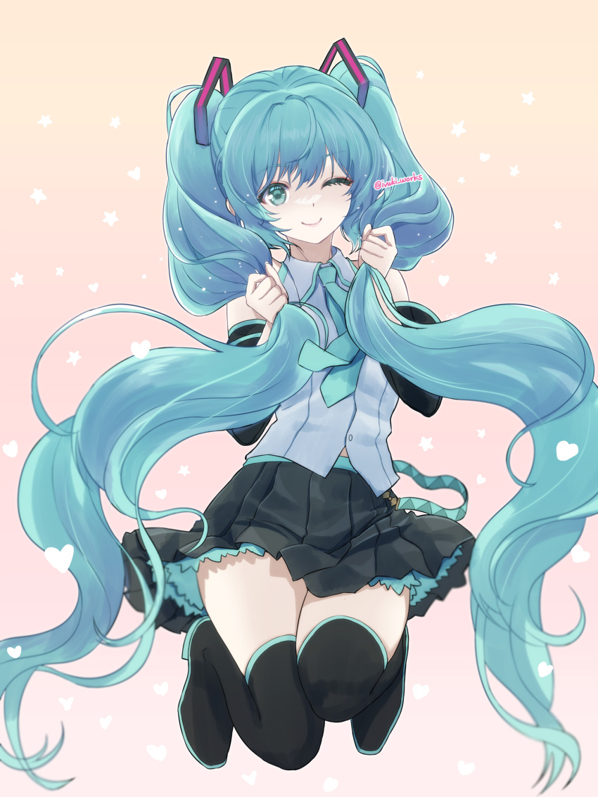 1girl aqua_hair artist_name detached_sleeves hatsune_miku ivuki looking_at_viewer smile solo twintails vocaloid