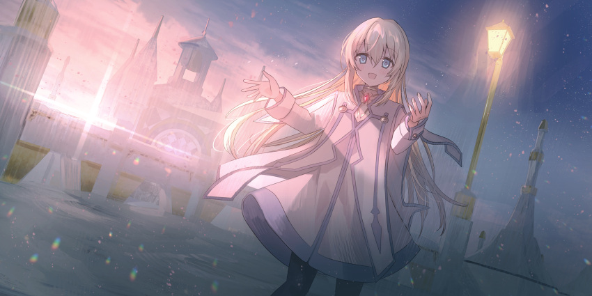 1girl :d black_pantyhose blonde_hair blue_eyes blue_sky blush chihuri colette_brunel commentary_request dress feet_out_of_frame hair_between_eyes highres lamppost long_hair long_sleeves looking_at_viewer outdoors pantyhose sky smile solo standing sunset tales_of_(series) tales_of_symphonia very_long_hair white_dress