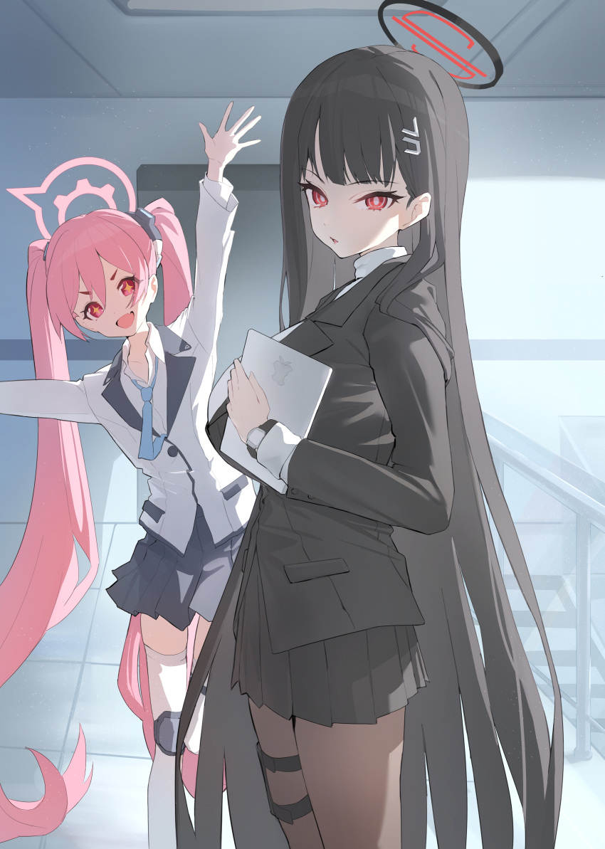 2girls absurdres applepie_(12711019) black_jacket black_pantyhose black_skirt blazer blue_archive blush breasts flat_chest halo highres holding holding_tablet_pc huge_breasts jacket koyuki_(blue_archive) long_hair looking_at_viewer multiple_girls outstretched_arms pantyhose pink_hair pleated_skirt rio_(blue_archive) skirt smile straight_hair tablet_pc twintails very_long_hair watch watch