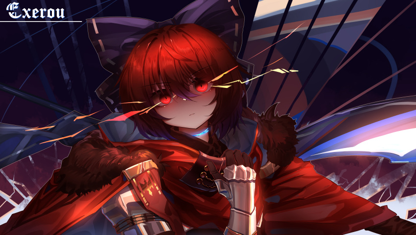 1girl absurdres armor black_bow bow closed_mouth commentary_request glowing glowing_eyes hair_bow highres looking_at_viewer red_eyes redhead sekibanki signature solo top-exerou touhou upper_body