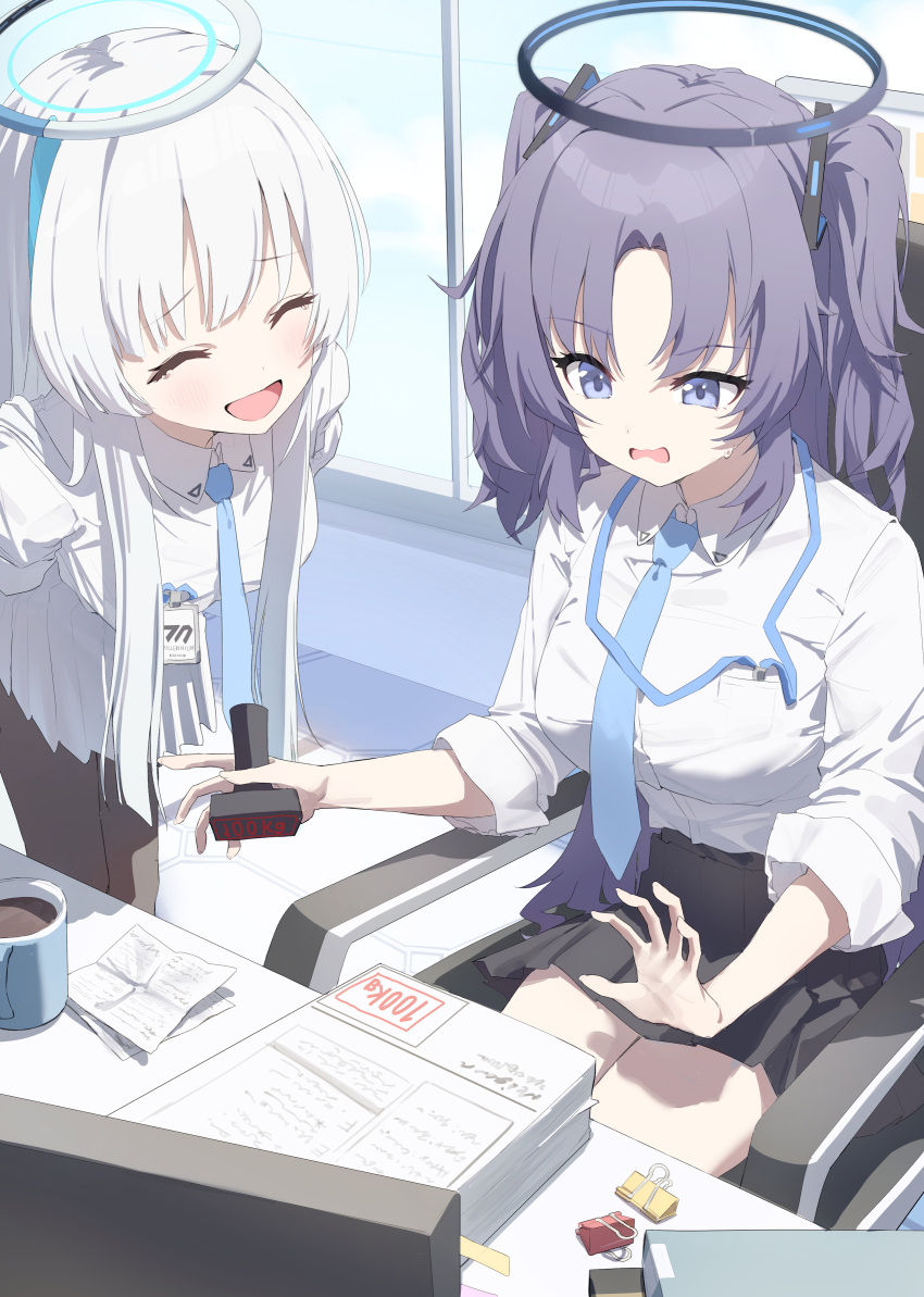 2girls ^_^ absurdres applepie_(12711019) black_skirt blue_archive blush breasts closed_eyes coffee_mug cup grey_hair halo highres id_card indoors ink_stamp lanyard large_breasts medium_breasts mug multiple_girls noa_(blue_archive) purple_hair shirt shirt_tucked_in sitting skirt smile two_side_up white_shirt white_skirt yuuka_(blue_archive)