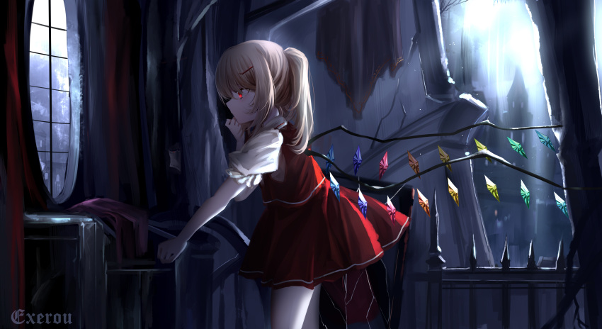 1girl absurdres blonde_hair commentary_request crystal flandre_scarlet from_side highres indoors medium_hair no_headwear one_side_up red_eyes red_skirt red_vest shirt short_sleeves skirt solo top-exerou touhou vest white_shirt wings