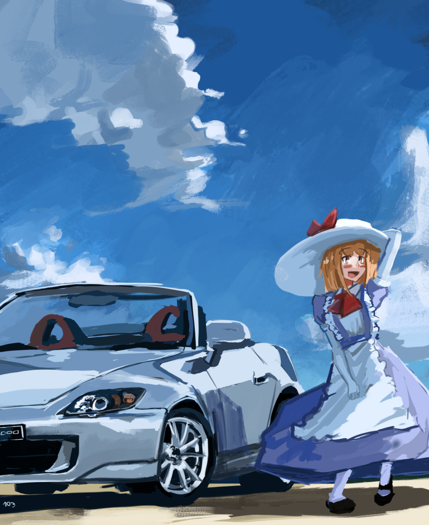 1girl artist_name black_footwear blonde_hair blush bow car clouds commentary convertible danlamdae dress elbow_gloves gloves hair_bow hat highres honda honda_s2000 hood hood_down kana_anaberal looking_to_the_side medium_hair motor_vehicle panties purple_dress red_bow shadow shoes sky smile solo sports_car sun_hat touhou underwear white_gloves white_panties yellow_eyes