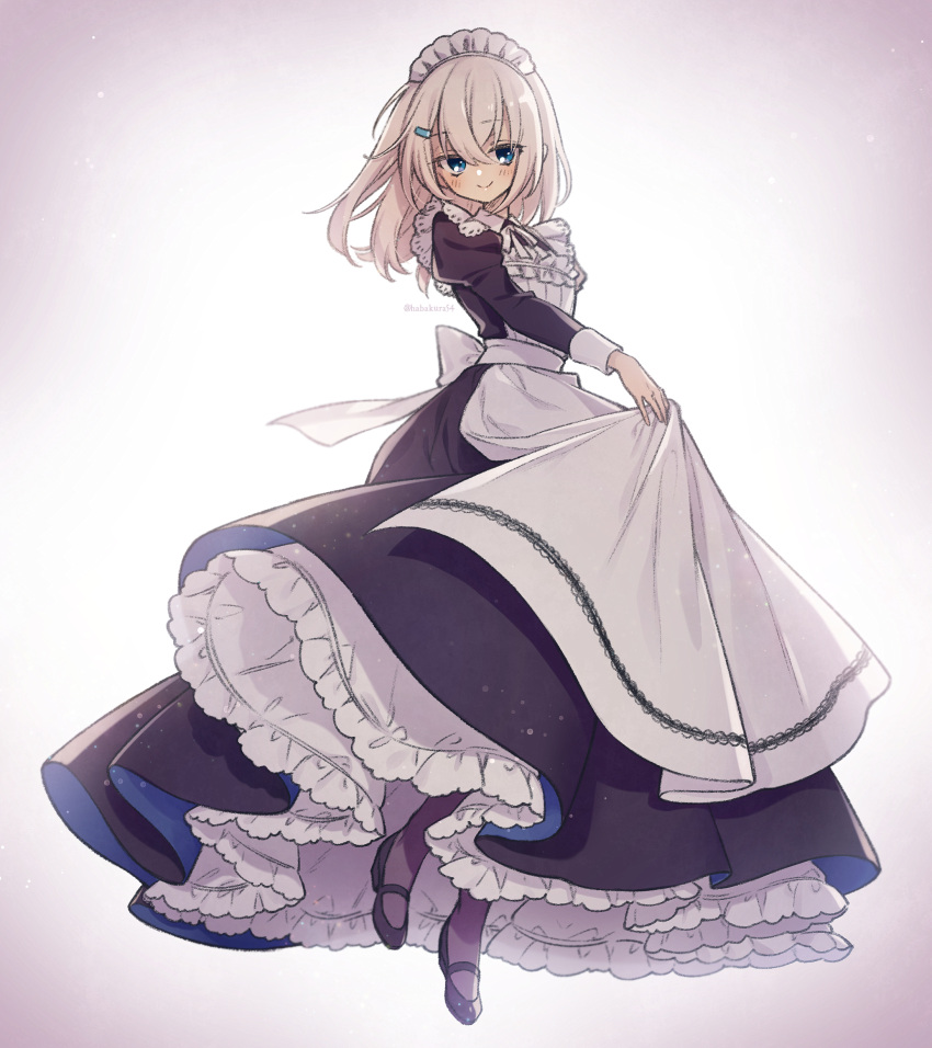 1girl absurdres apron artist_name black_dress black_footwear blue_eyes blush c: character_request clothes_lift copyright_request crossed_bangs dress dress_lift frilled_dress frills full_body goshi-san highres juliet_sleeves long_hair long_sleeves looking_at_viewer maid_apron maid_headdress puffy_sleeves smile solo standing standing_on_one_leg white_background white_hair