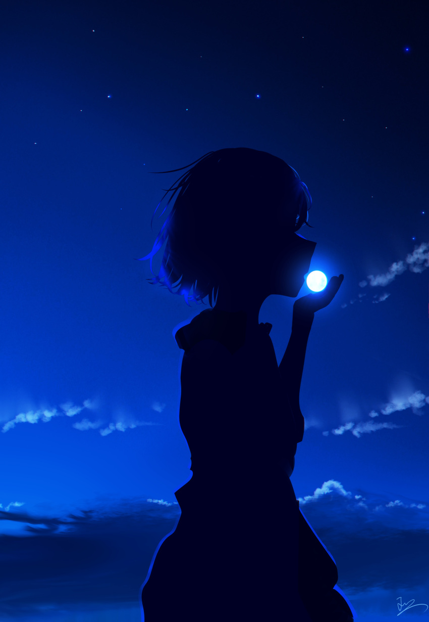 1girl absurdres blue_sky clouds cowboy_shot dark dress forced_perspective from_side hand_up highres night night_sky open_hand original outdoors profile signature silhouette sky skyrick9413 solo star_(sky)